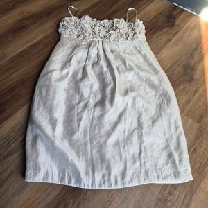 Boston Proper Champagne Rosette Babydoll Cocktail Dress Metallic Gold M Coquette